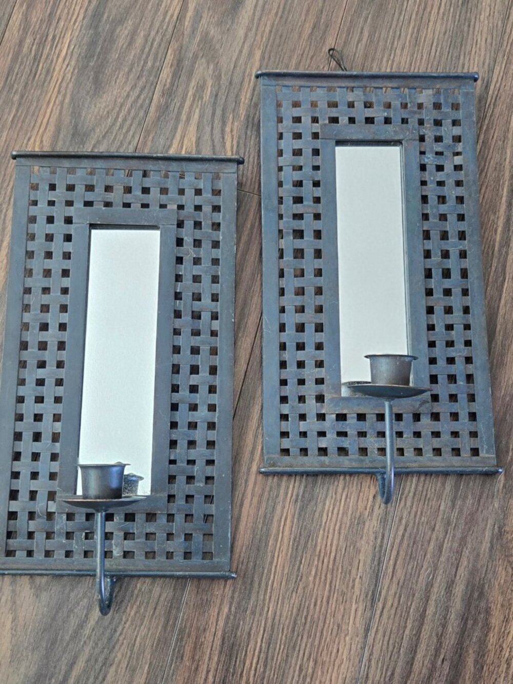 Vintage Cottagecore Style Heavy Metal Lattice Mirror/Candle Sconces PAIR